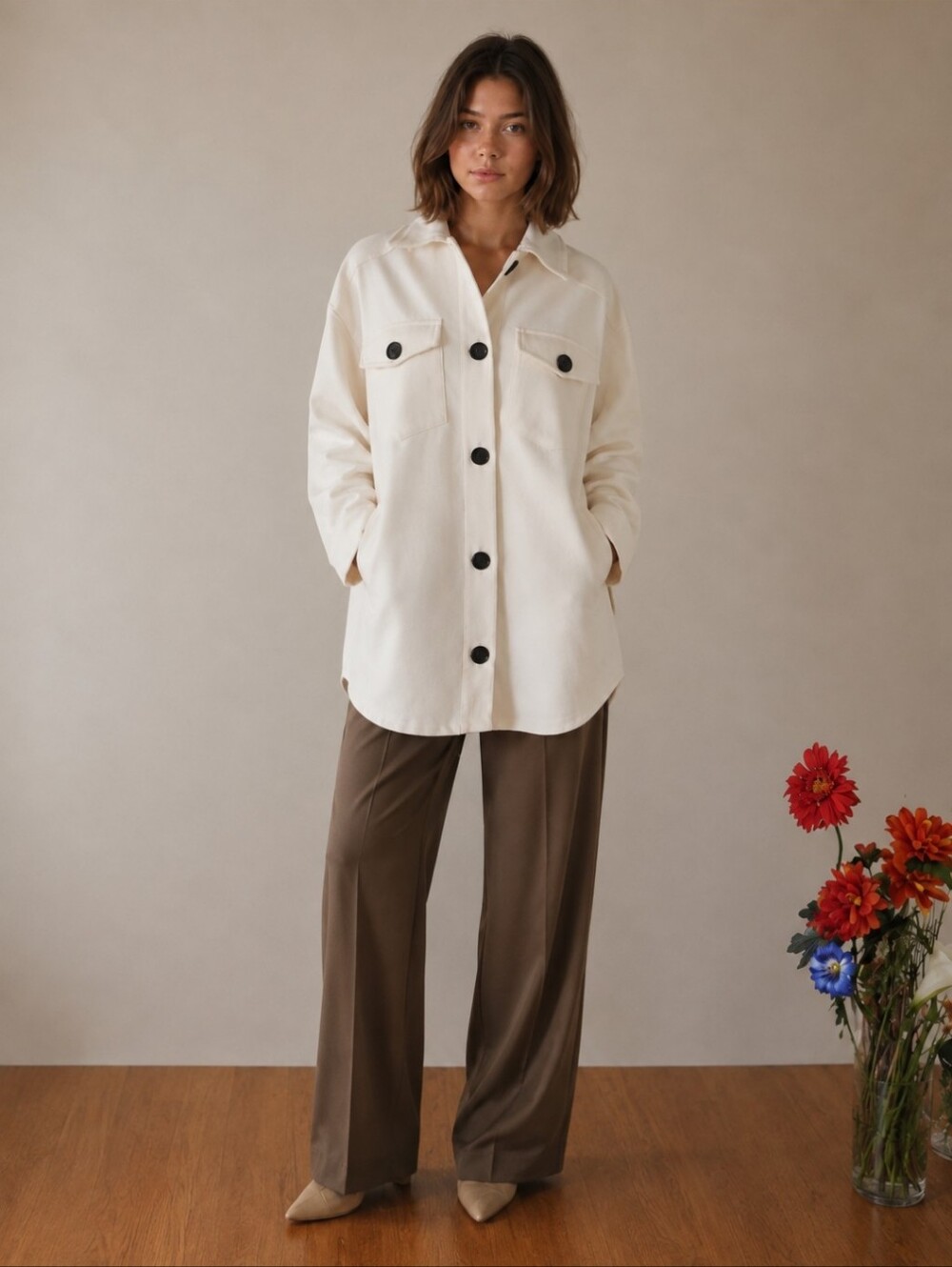Ivory Cream Oversized Shacket  Relaxed Fall Shirt